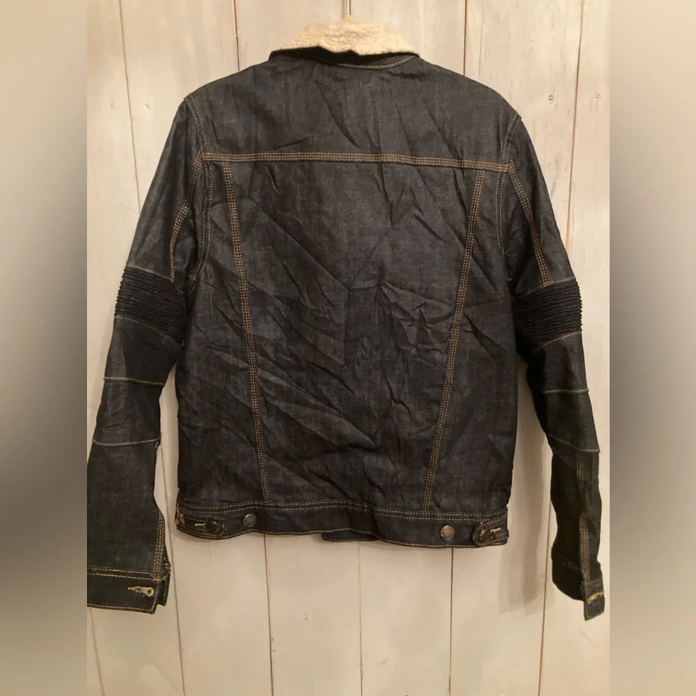 Heritage America Jacket Mens Dark Denim Button Sherpa Collar Bomber Fit‎ New Med